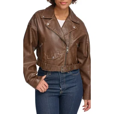 Levi's Belted Crop Moto Jacket Women's Saddle Faux Leather Full Zip Frog523 In Brown