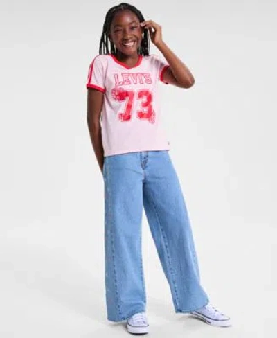 Levi's Kids' Levis Big Girls Sporty V Neck T Shirt High Rise Baggy Embroidered Jeans In Pink