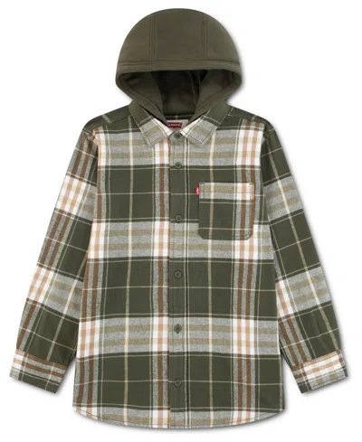 Levi's Kids' Boys' 8-20 Hooded Plaid Flannel Long-sleeve Shirt In Green