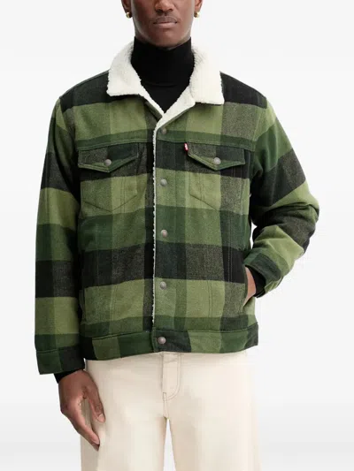 Levi's Check-pattern Shearling-collar Jacket In Green