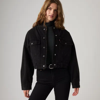 Levi's Collarless Cropped Sherpa Trucker Jacket In Black