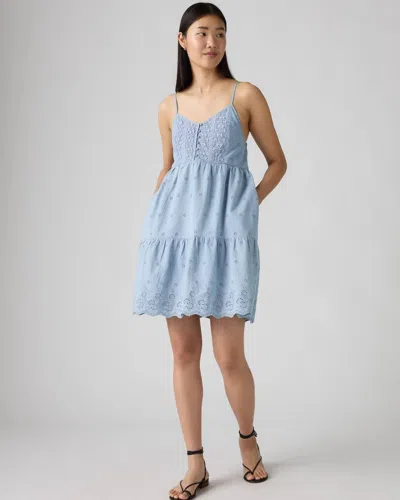 Levi's Cora Mini Dress Women's Blue Cotton Eyelet Detail Tiered V-neck Pall140