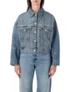 Levi's Cropped Denim Jacket With Button-up Front And Rhinestone Embellishments In Blue