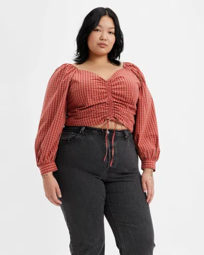 Levi's Devin Top Women's Plus Zelda Cotton Ruched Cropped Blouse Frog827 In Red