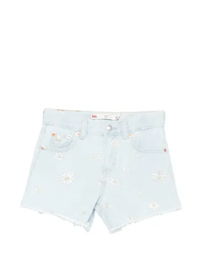 Levi's Kids' Embroidered Frayed-hem Shorts In Blue