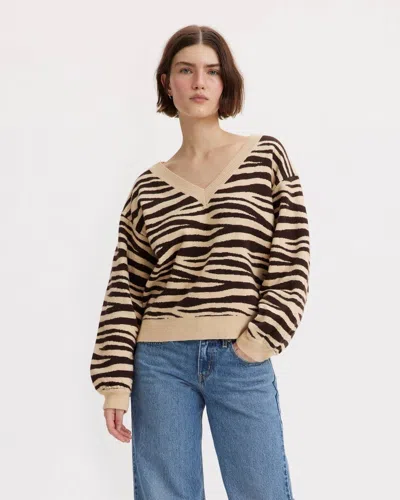 Levi's Flower Sweater Women's Wavy Zebra Long Sleeve V-neck Cropped Frog605 In Multi