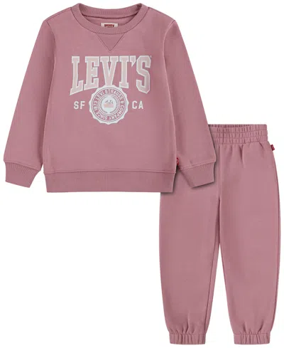 Levi's Babies' Girls' 2t-4t Crewneck Graphic Fleece Sweatshirt And Joggers, 2-piece Set Clone In Pink