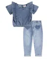 Levi's Girls 4-6x 2-piece Ruffle Round Neck Top And Heart Pocket Pants Set In Blue
