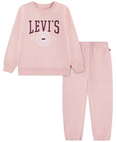 Levi's Kids' Girls' 4-16 Crewneck Long-sleeve Fleece Sweatshirt And Joggers, 2-piece Set In Lotus