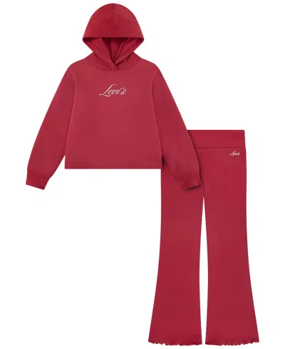 Levi's Kids' Girls' 4-16 Hooded Ribbed Flared Hoodie And Pants, 2-piece Set In Red