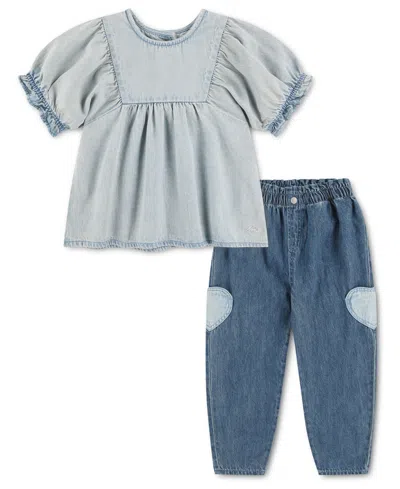 Levi's Kids' Girls' 4-6x Yoke Short-sleeve Top And Pants, 2-piece Set In Blue