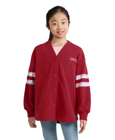 Levi's Kids' Girls' 7-16 V-neck Varsity Fleece Cardigan Sweater In Red