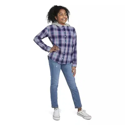 Levi's Kids' Girls  Top Purple Plaid Flannel Button Front Long Sleeve Hooded Gbo35
