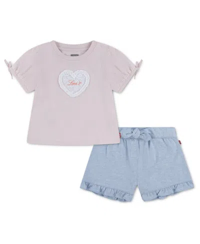 Levi's Babies' Girls' Toddler 2t-4t Bow Sleeve T-shirt And Belted Shorts, 2-piece Set In Blue
