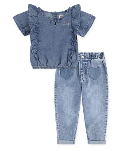 Levi's Babies' Girls Toddler 2t-4t Ruffle Top And Heart Pocket Pants, 2-piece Set In Blue