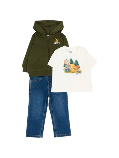 Levi's Babies' Graphic-print Zip-up Hoodie And Jeans Set (set Of Three) In Blue