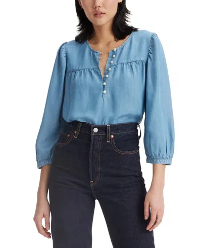 Levi's Halsey Top Women's Blue Puff Sleeve Relaxed Fit Blouse Pall88