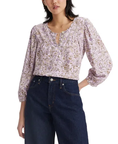 Levi's Halsey Top Women's Purple Floral Puff Sleeve Relaxed Fit Blouse Pall612 In Gray
