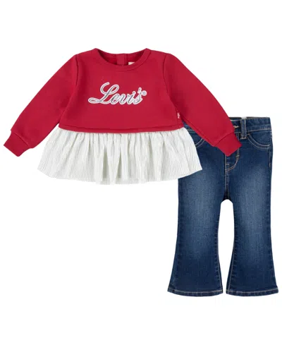 Levi's Babies' Infant Girls Sparkle Crew And Jeans, 2-piece Set In Jester Red