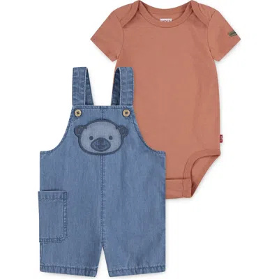Levi's Babies'  Bear Applique Bodysuit & Denim Shortalls Set In Blue