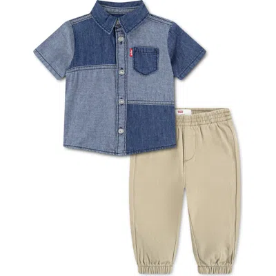 Levi's Babies'  Colorblock Button-up Shirt & Joggers Set In Blue