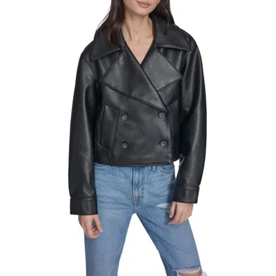 Levi's Double Breasted Faux Leather Crop Trench Coat In Black