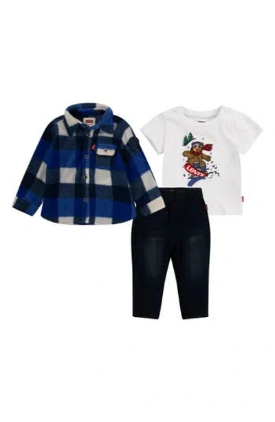 Levi's Babies'  Graphic T-shirt, Fleece Plaid Shacket & Pull-on Jeans In Blue