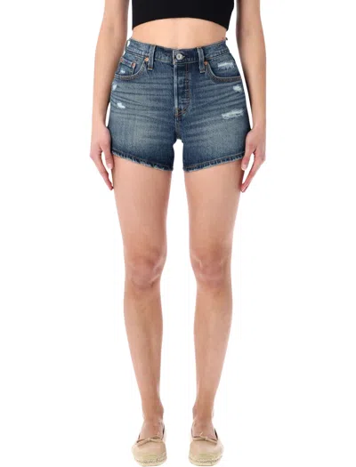 Levi's High-rise Mini Shorts - Women's 501 Curve Fit In Happy Vibes Curve Dark Blue