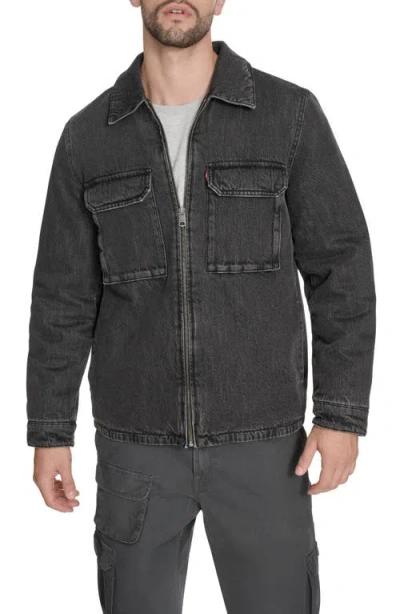 Levi's Insulated Cotton Denim Zip-up Shirt Jacket In Black