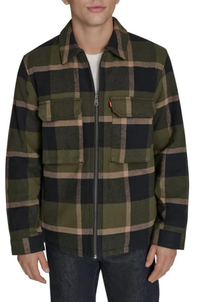 Levi's Insulated Plaid Cotton Flannel Zip-up Shirt Jacket In Green