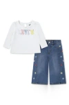 Levi's Logo Long Sleeve T-shirt & Floral Embroidered Jeans Set In White