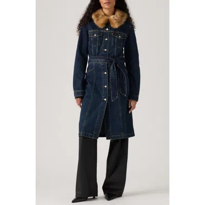 LEVI'S LEVI'S MOB WIFE BELTED DENIM COAT WITH REMOVABLE FAUX FUR COLLAR