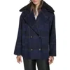 Levi's Plaid Short Peacoat With Removable Faux Shearling Collar In Blue