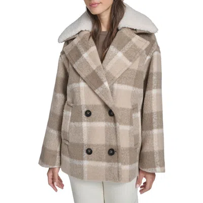 Levi's Plaid Short Peacoat With Removable Faux Shearling Collar In Neutral