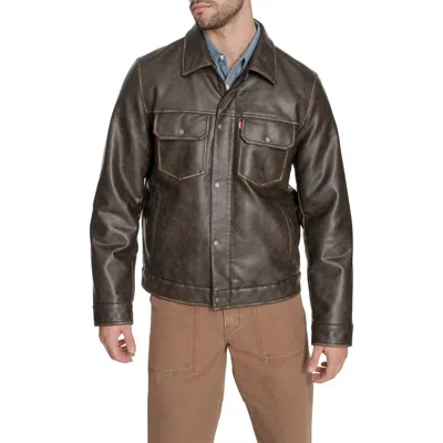 Levi's Relaxed Water Resistant Faux Leather Trucker Jacket In Brown