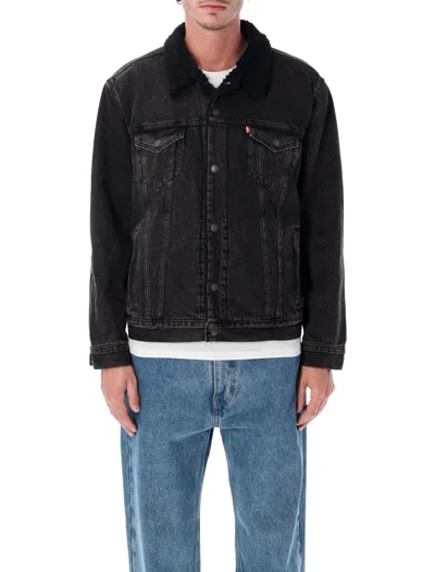 Levi's Relaxed Fit Faux Shearling Lined Denim Trucker Jacket In Black