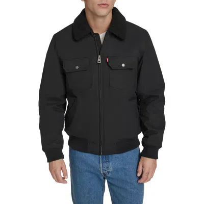 Levi's Water Resistant Faux Shearling Collar Canvas Bomber Jacket In Black