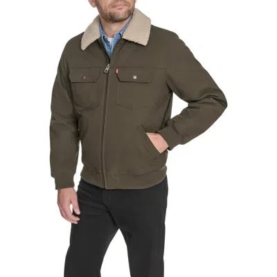 Levi's Water Resistant Faux Shearling Collar Canvas Bomber Jacket In Green