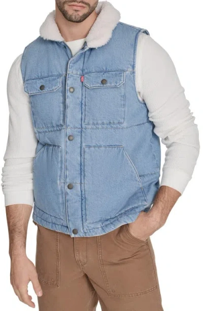 Levi's Woodsman Denim Vest With Faux Shearling Collar In Blue