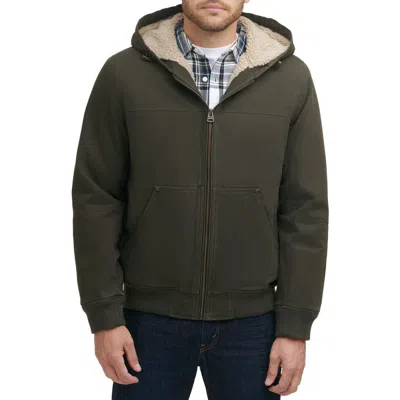 Levi's Workwear Cotton Canvas Faux Shearling Lined Hoodie Bomber Jacket In Green