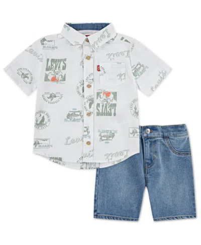 Levi's Kids' Little Boys 2-piece Printed Shirt And Denim Shorts In White