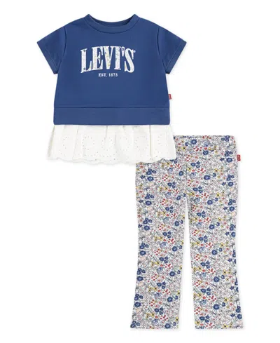 Levi's Kids' Little Girls 2-piece Eyelet Crewneck Top And Flared Leggings Set In Blue