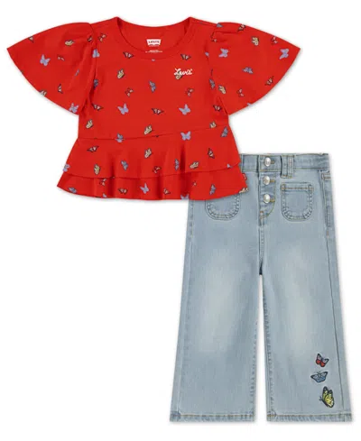 Levi's Kids' Little Girls 2-piece Peplum Top And Wide Jeans Set In Red