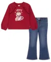 Levi's Little Girls 2-piece Ruched Crewneck Top And Flared Jeans Set In Blue