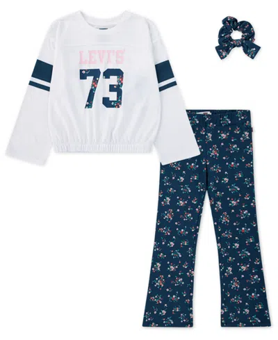 Levi's Kids' Little Girls 3-piece Cinched Top, Flared Leggings And Scrunchie Set In Black