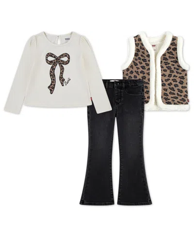 LEVI'S LITTLE GIRLS 3-PIECE SHERPA VEST, TOP AND JEANS SET