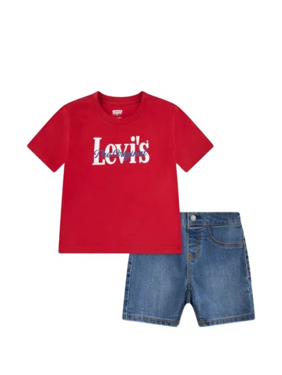 Levi's Babies' Logo-print Denim Shorts Set In Red