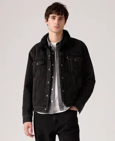 Levi's Men's Regular Fit Sherpa Denim Trucker Jacket In Black