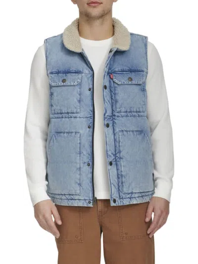 Levi's Men's Woodsman Faux Shearling Collar Denim Vest In Blue