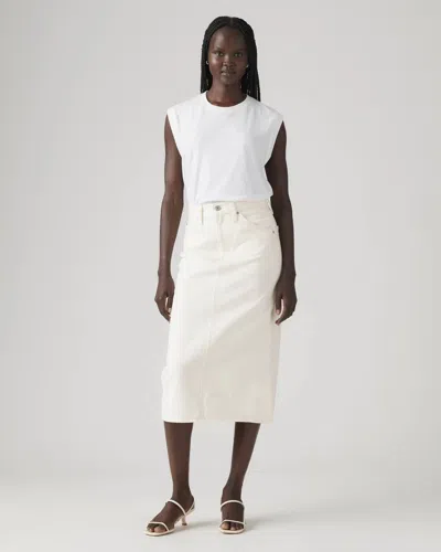 Levi's Midi Skirt Women's Off White Denim Cotton High Rise Back Slit Pall436